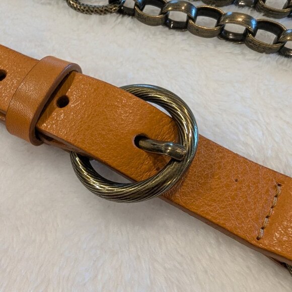 DONCASTER Leather & Antique Bronze Chain Belt L Orange Brown Made in Italy - Picture 6 of 10
